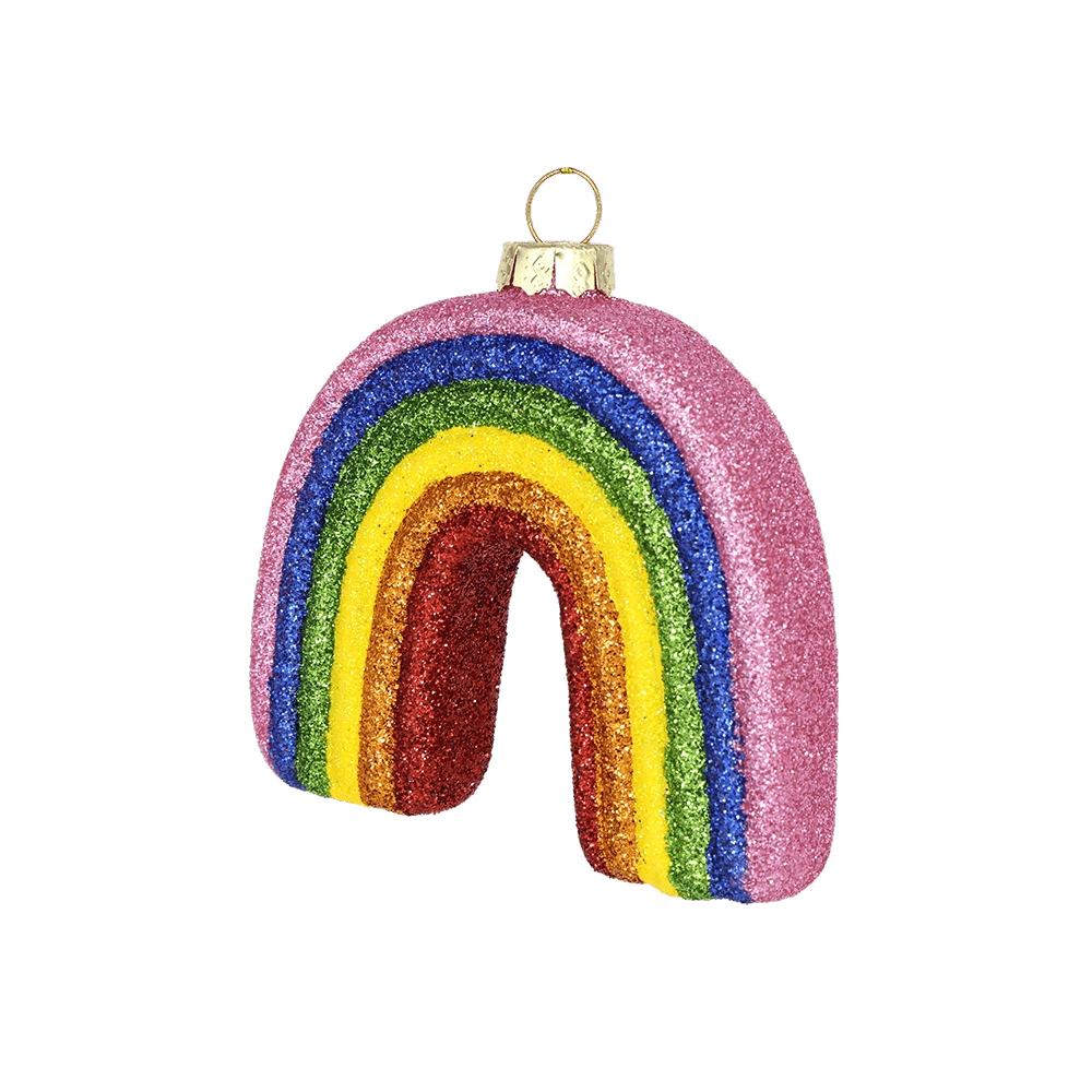 Chive glass rainbow ornament with glittered pink, blue, green, yellow, and red arches.