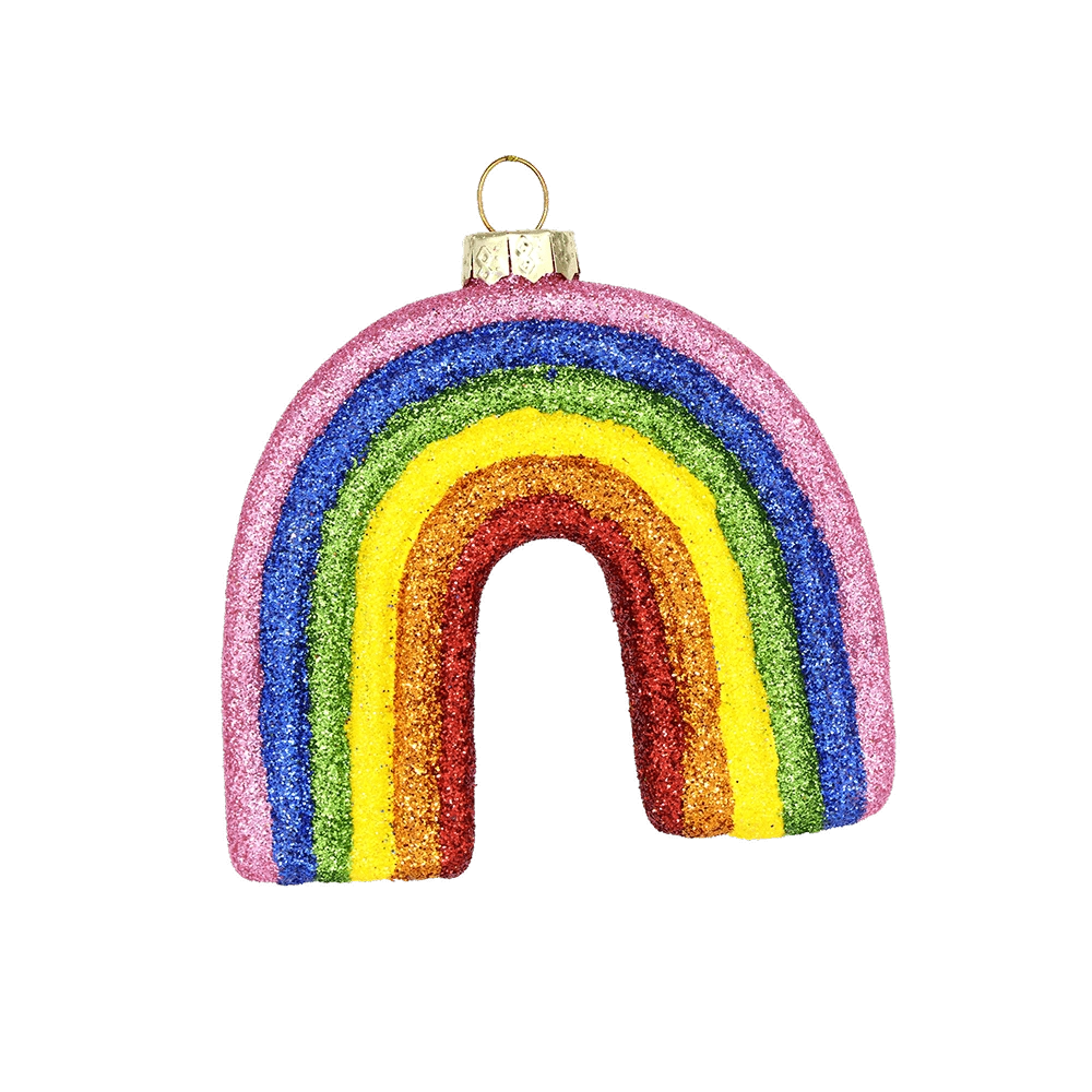 Chive glass rainbow ornament shown straight-on with fully glittered striped arches.