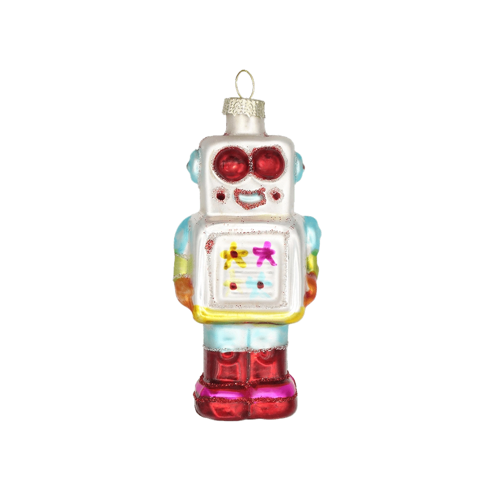 Chive glass robot ornament in silver with red eyes and a colorful star-patterned chest.