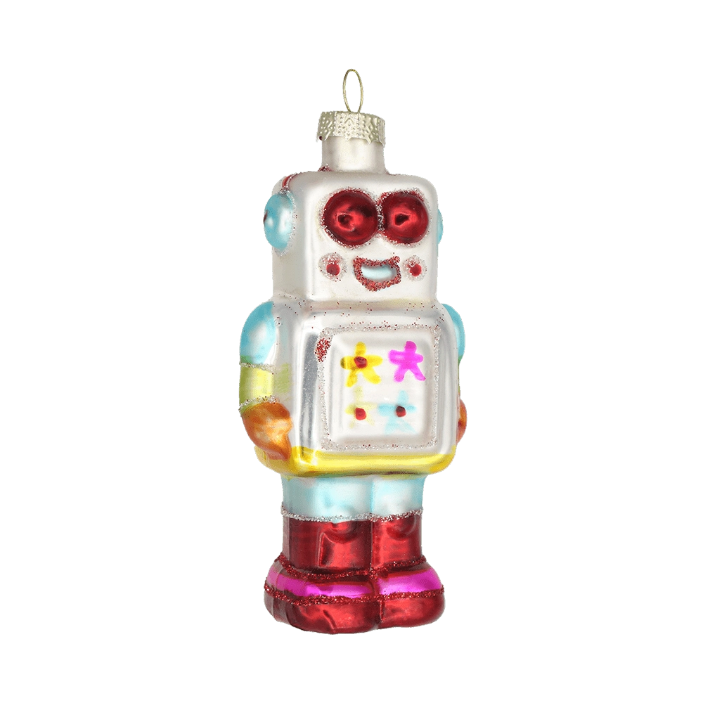 Chive glass robot ornament shown straight-on with a glittered antenna-style head.