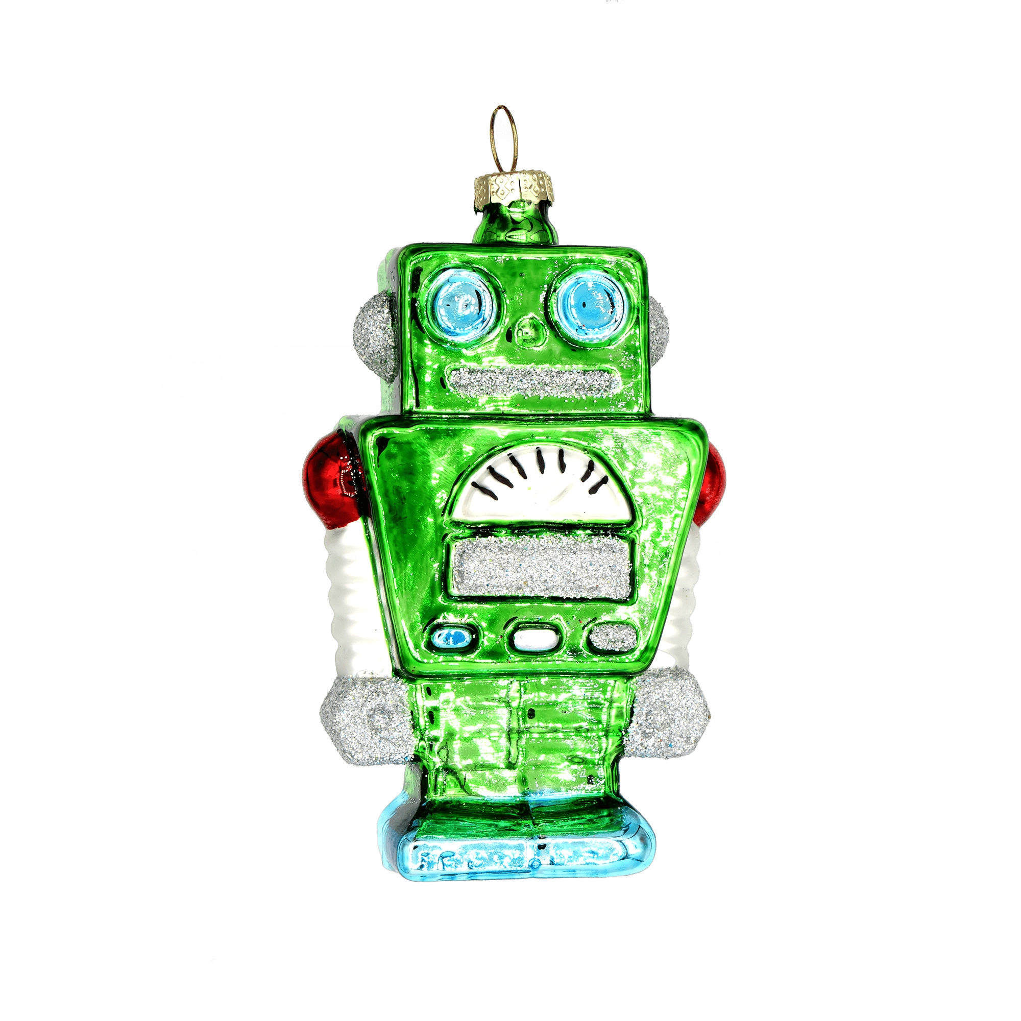 Chive glass toy robot ornament in green with red arms and a silver gauge detail.