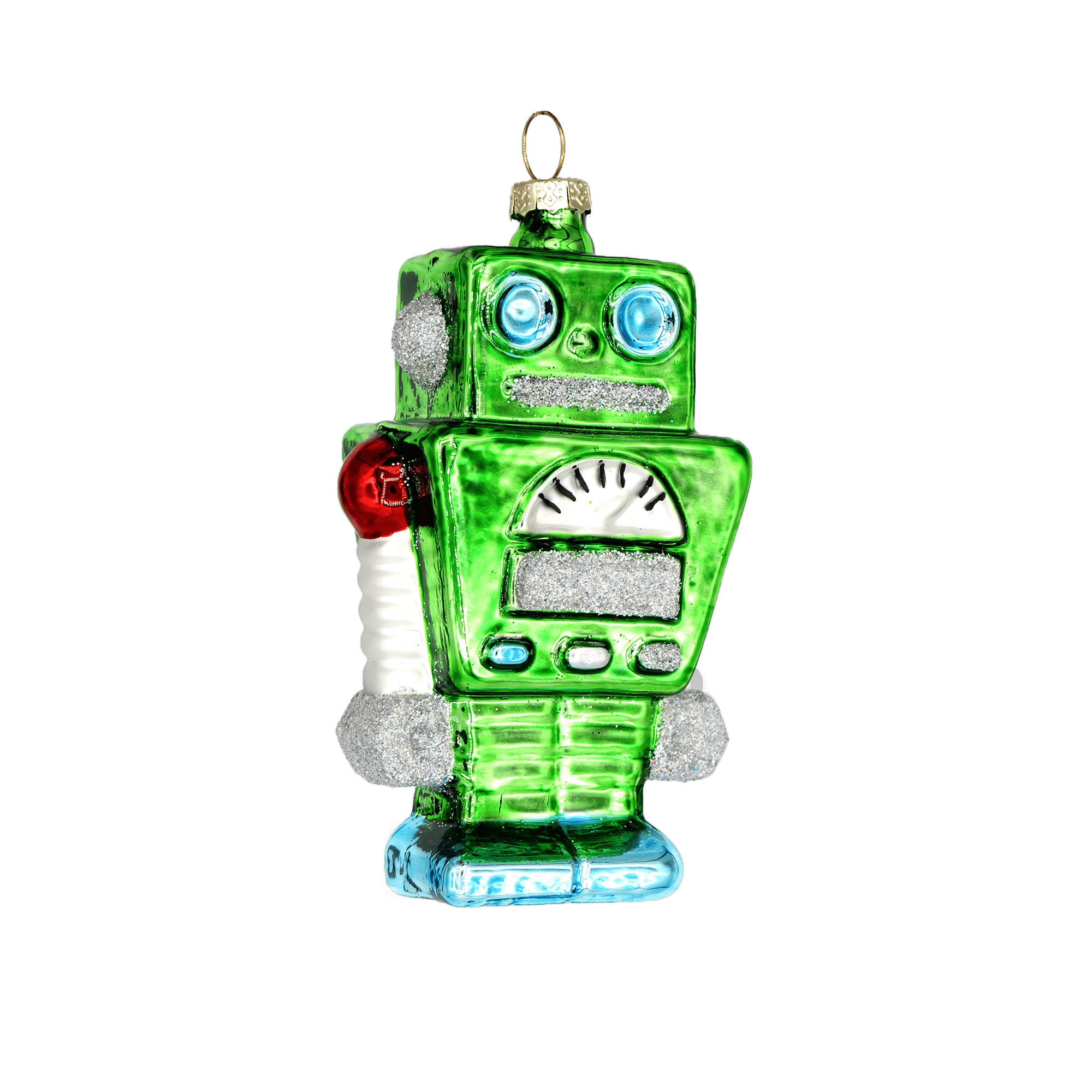 Chive glass toy robot ornament in green with silver gauge and gold antenna detail.