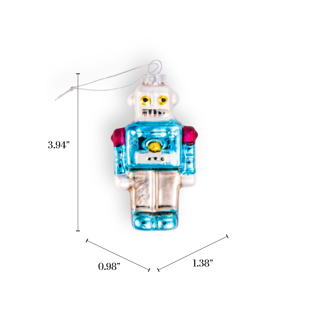 Chive glass robot ornament in blue with silver limbs and red shoulder accents.