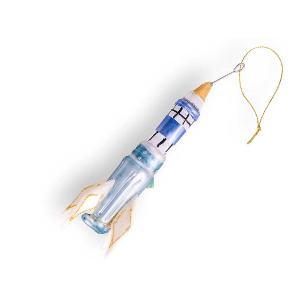 Chive glass rocket ship ornament in blue and white with gold-trimmed fins.
