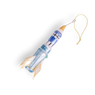Chive glass rocket ship ornament in blue and white with gold-trimmed fins.