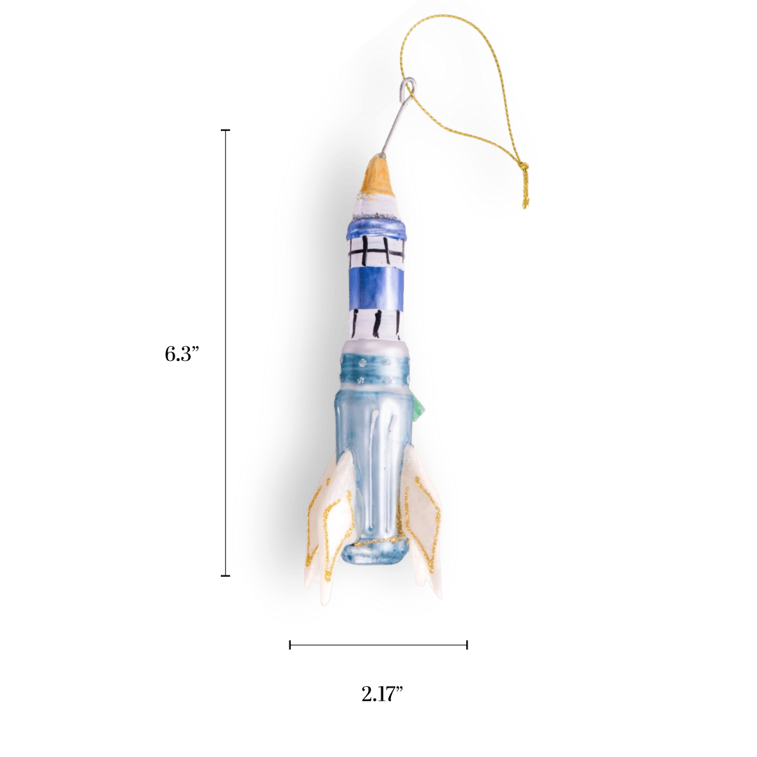 Chive glass rocket ship ornament with a dimension diagram showing its tall slim size.