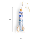 Chive glass rocket ship ornament with a dimension diagram showing its tall slim size.