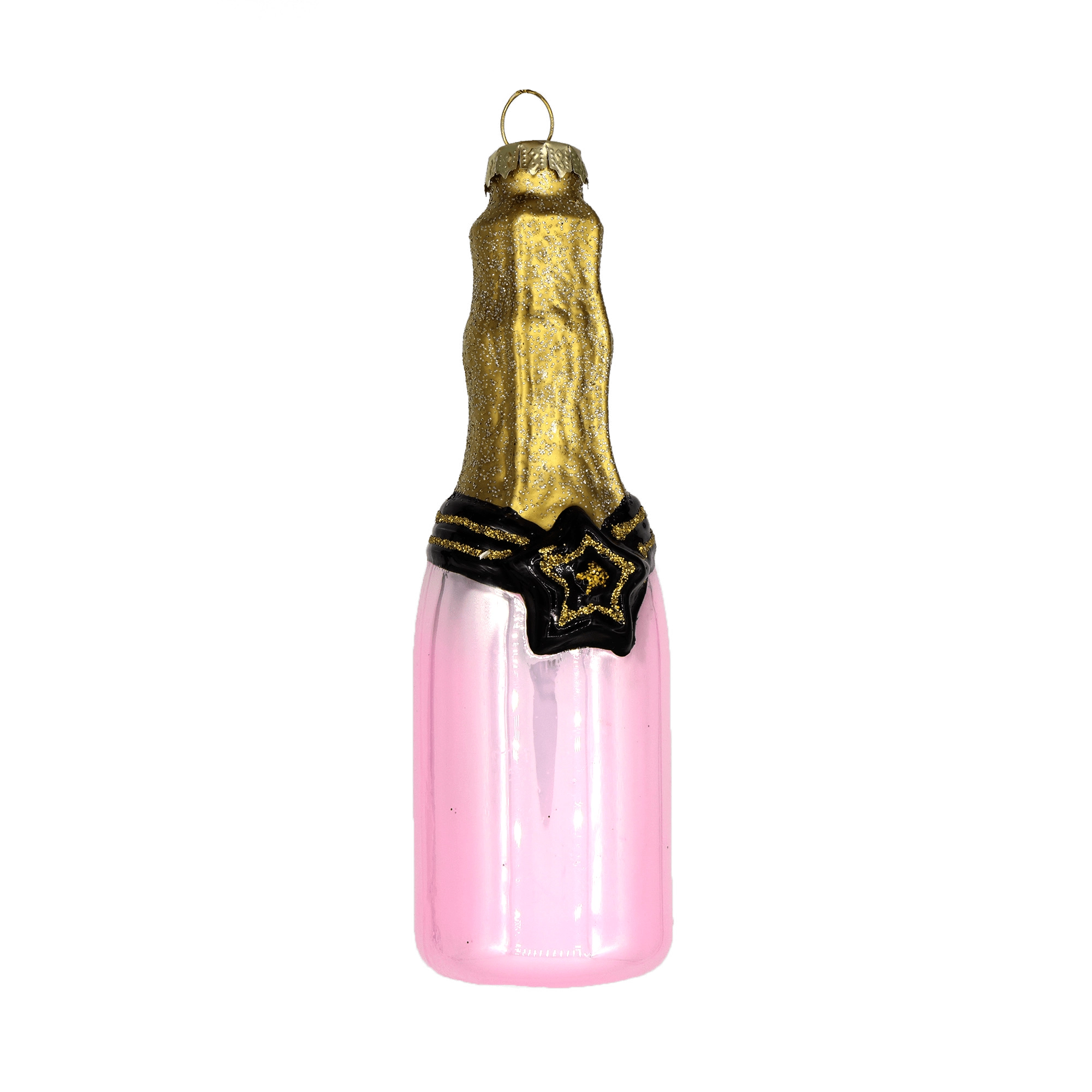 Chive glass rosé bottle ornament in pink with a glittered gold neck and black star seal.