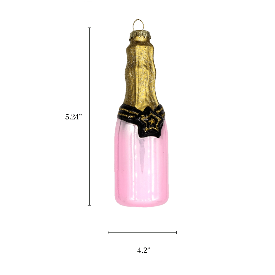 Chive glass rosé bottle ornament with a dimension diagram showing its tall slim shape.