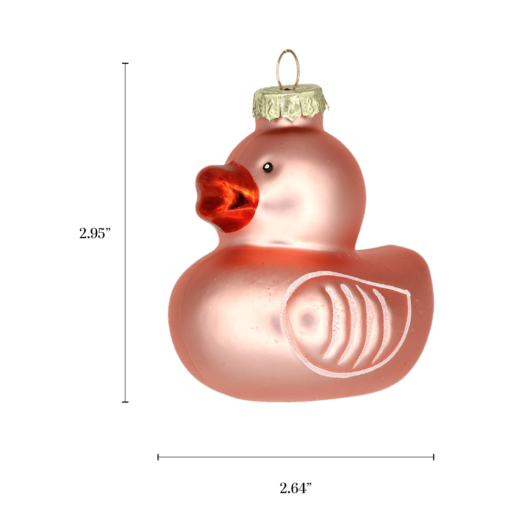 Chive glass rubber duck ornament with a dimension diagram showing its rounded shape.