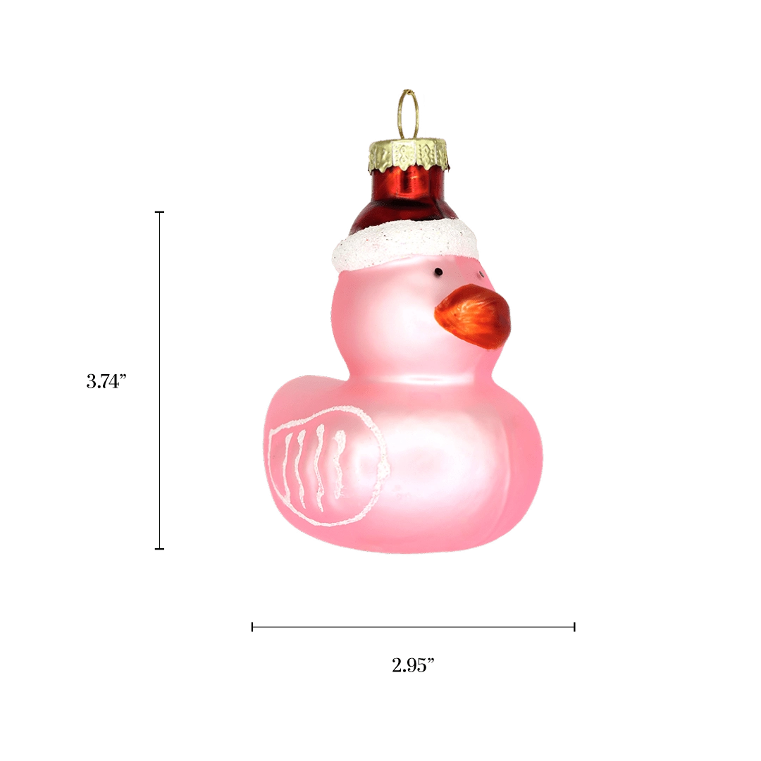 Chive glass rubber duck ornament with a dimension diagram showing its small round size.