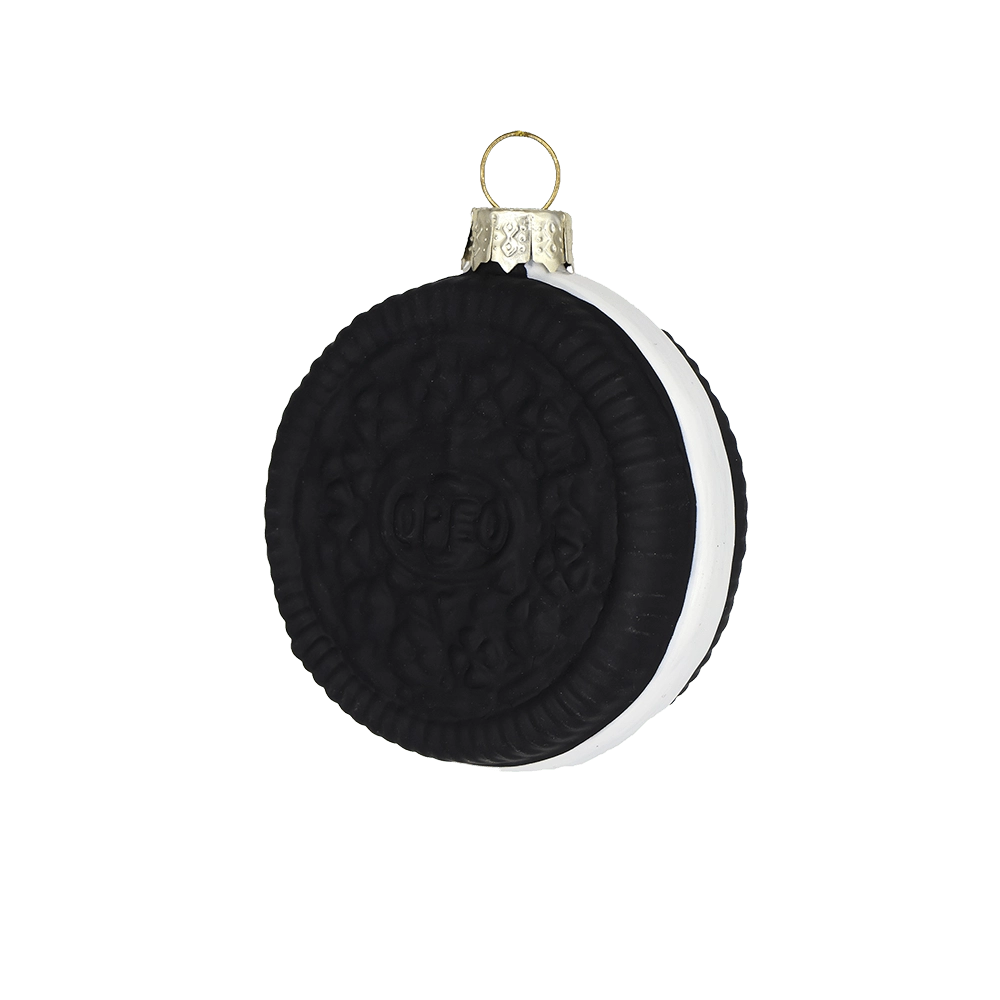 Chive glass sandwich cookie ornament in black and white with a cream filling detail.
