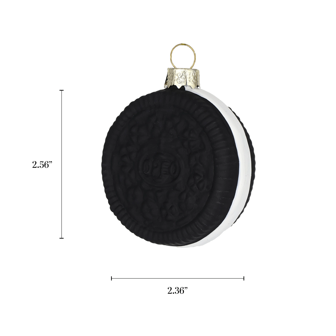 Chive glass sandwich cookie ornament with a dimension diagram showing its round shape.