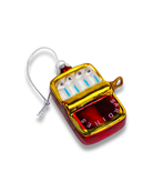 Chive glass sardine can ornament in red with a golden hinged lid.