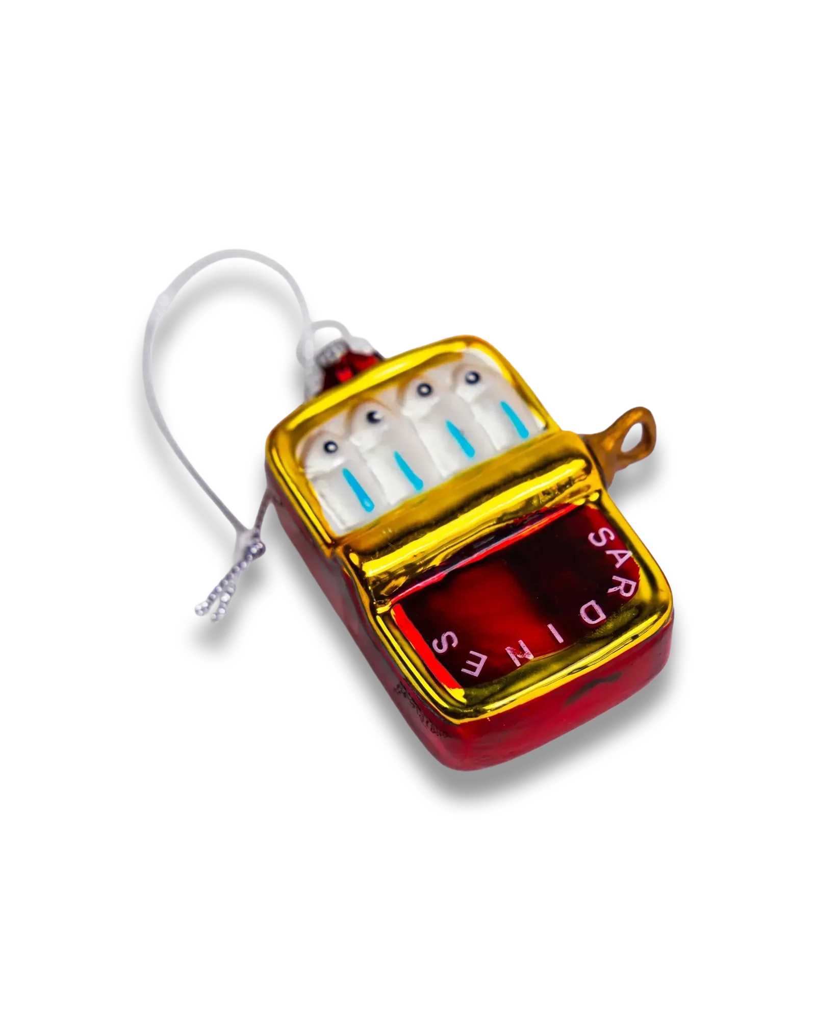 Chive glass sardine can ornament in red with a golden hinged lid.