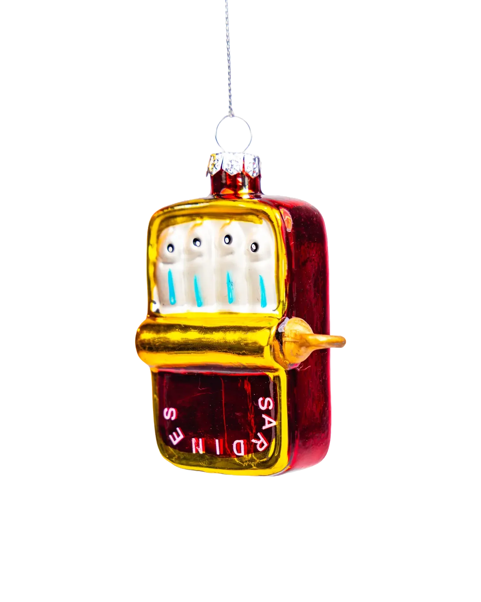 Chive glass sardine can ornament featuring four glittered sardines inside.