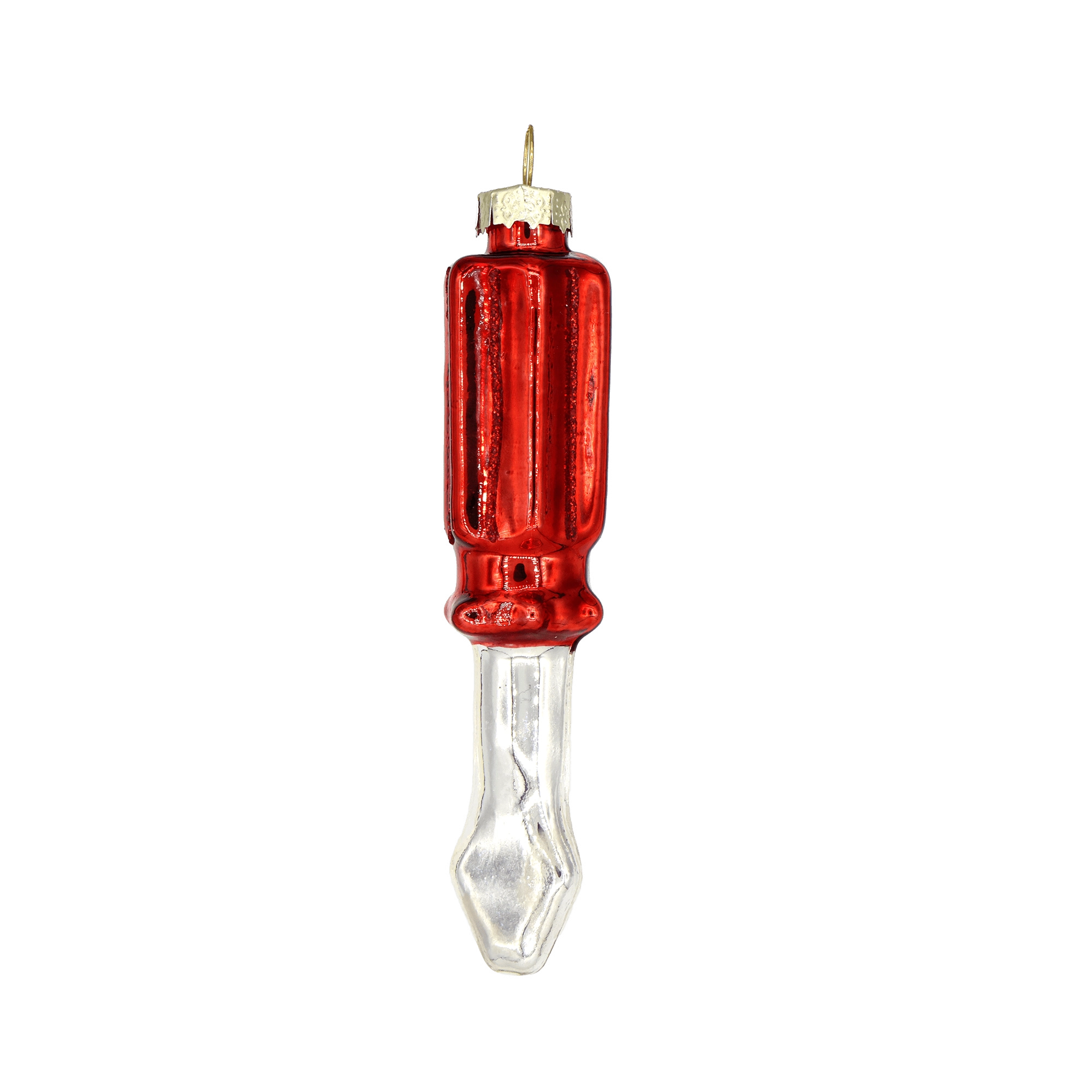 Chive glass screwdriver ornament with a red ridged handle and silver flathead tip.