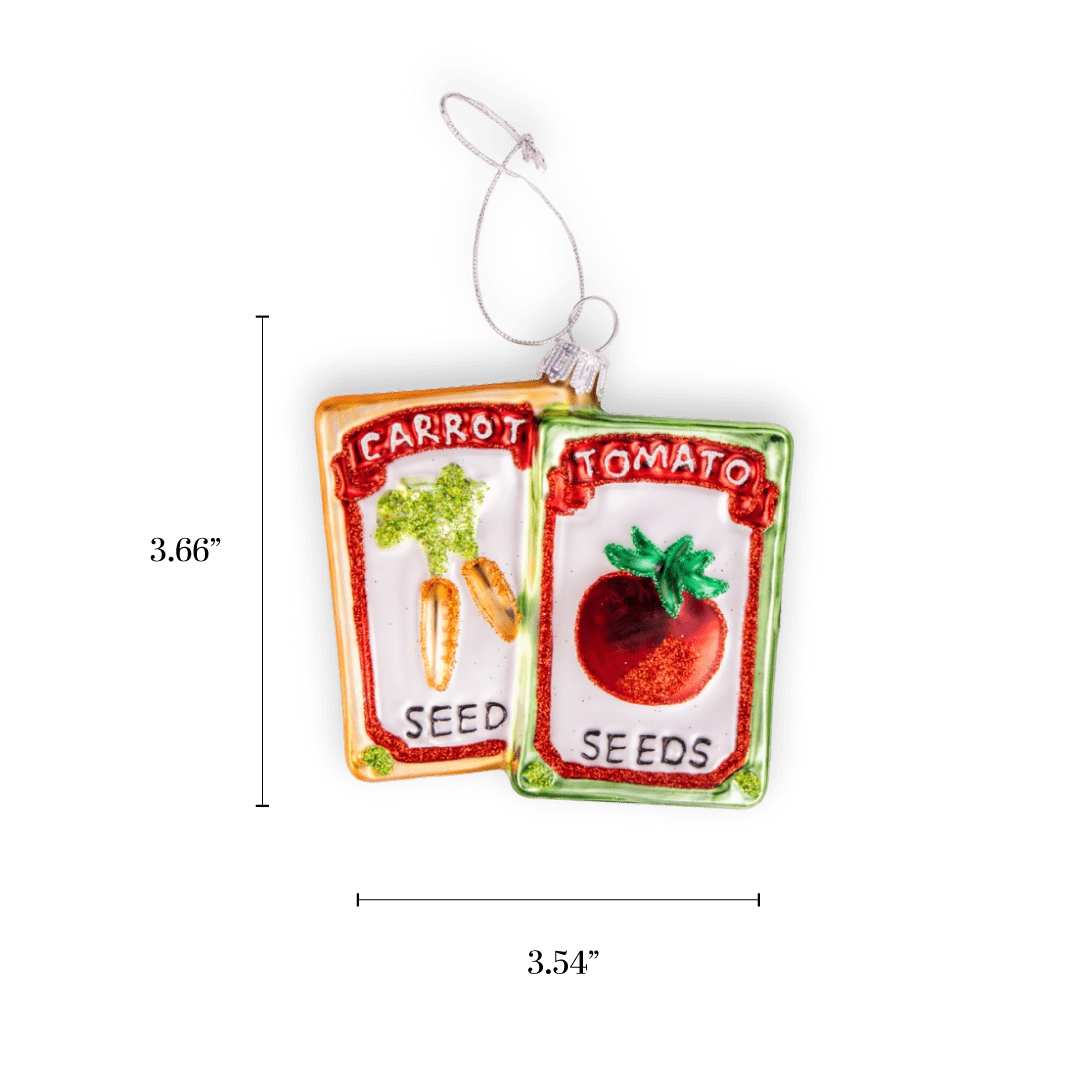 Chive glass seed packet ornament with carrot and tomato illustrations.