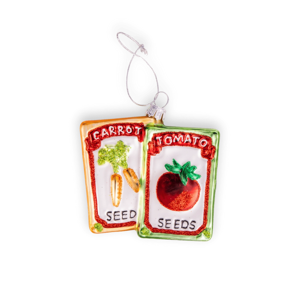 Chive glass seed packet ornament in orange and green with glitter accents.