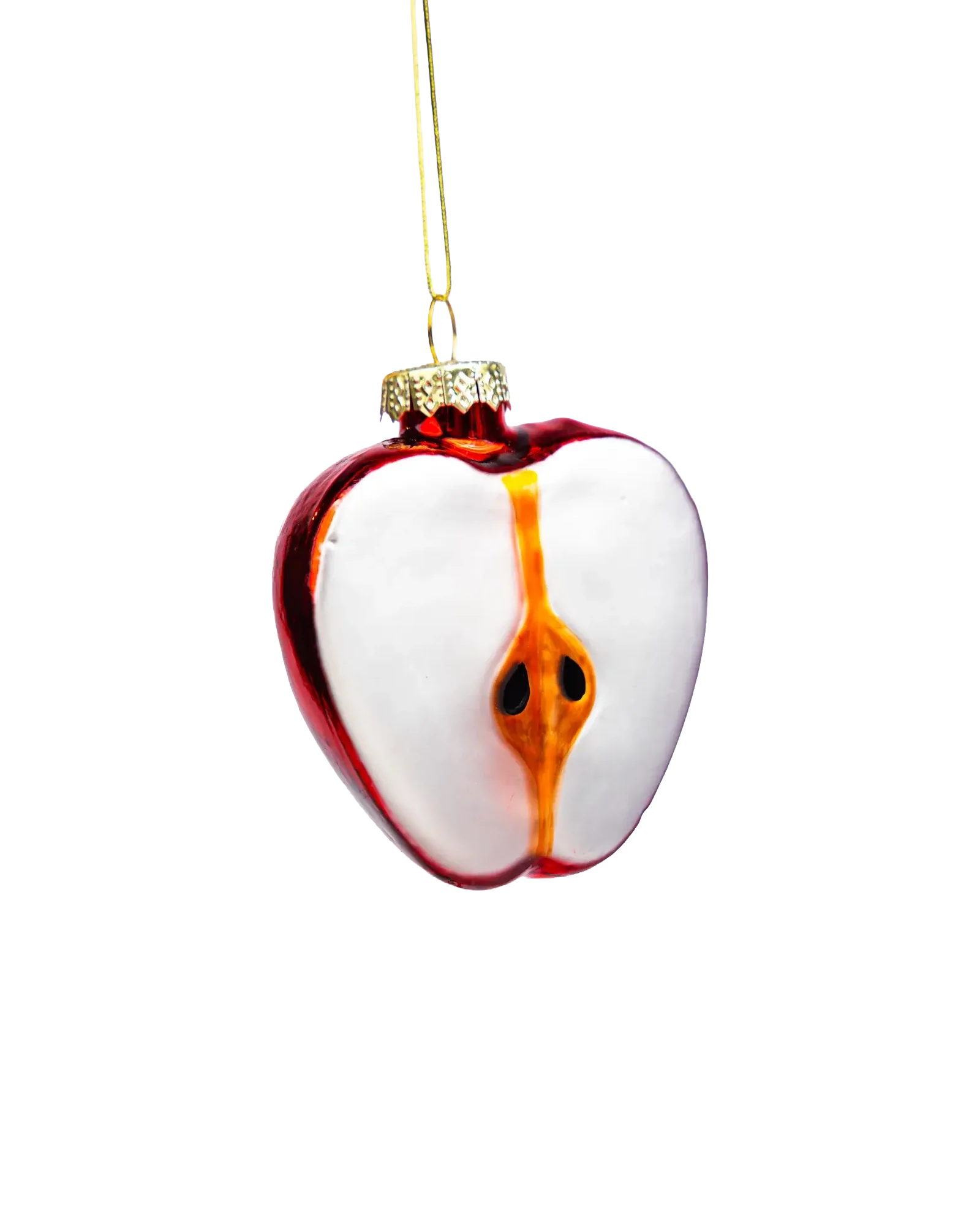 Chive glass sliced apple ornament in red with a visible core and seeds.