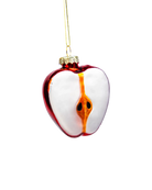 Chive glass sliced apple ornament in red with a visible core and seeds.