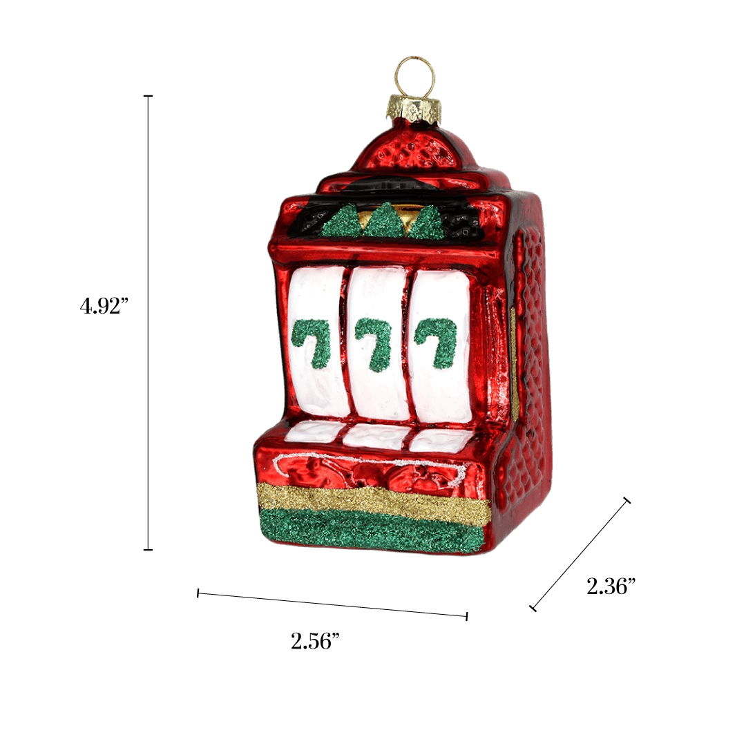 Chive glass slot machine ornament with a dimension diagram showing its tall boxy size.