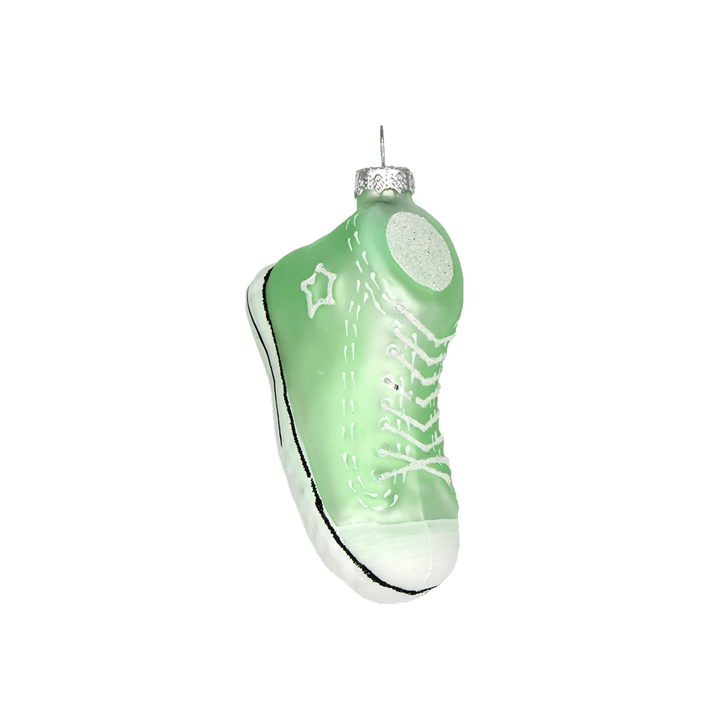 Chive glass sneaker ornament in green with white laces and a glittered star patch.