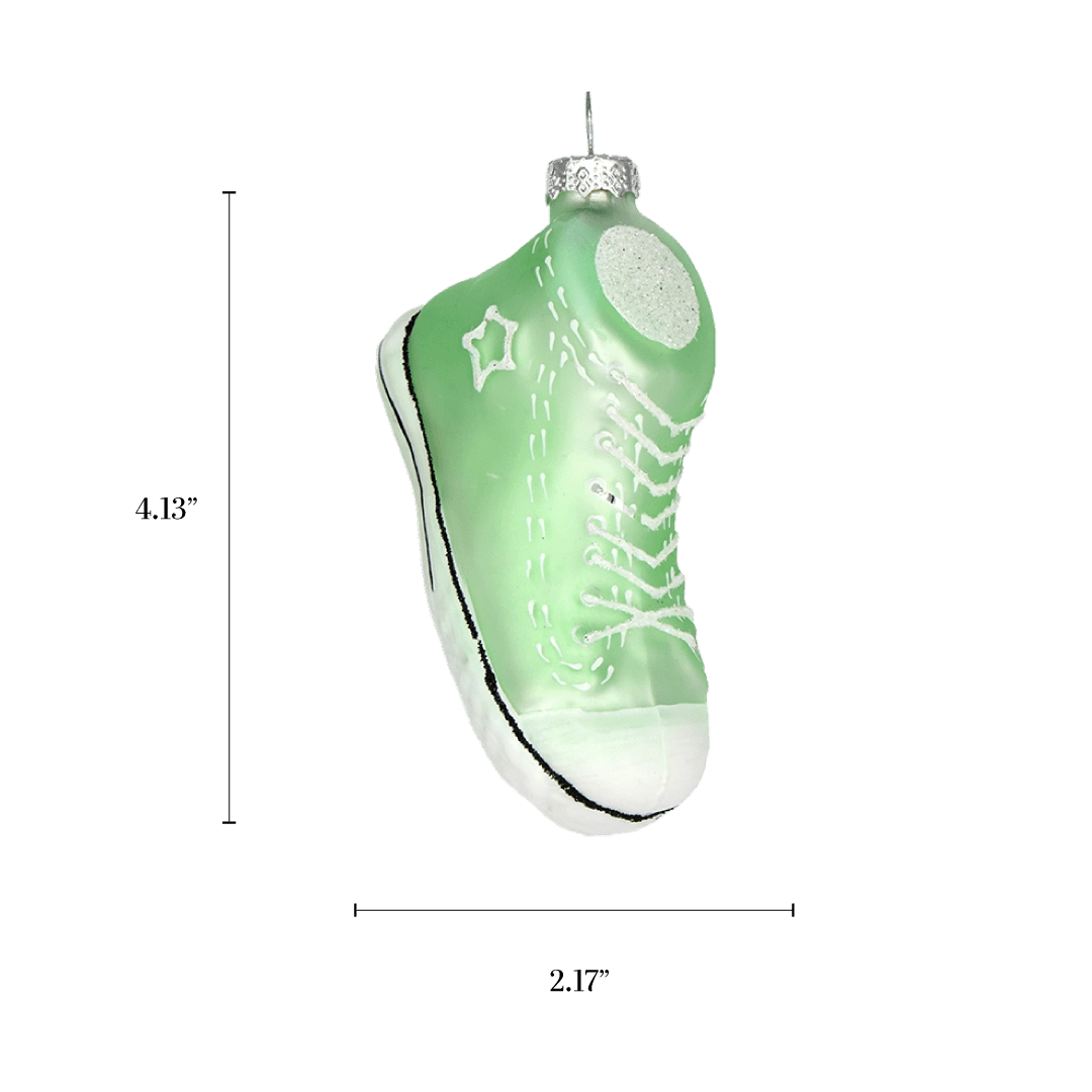 Chive glass sneaker ornament with a dimension diagram showing its high-top shoe size.