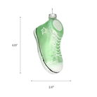 Chive glass sneaker ornament with a dimension diagram showing its high-top shoe size.