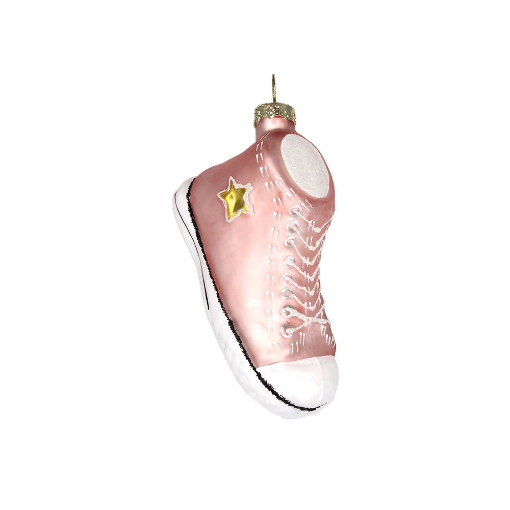 Chive glass sneaker ornament in pink with a gold star patch and white sole.