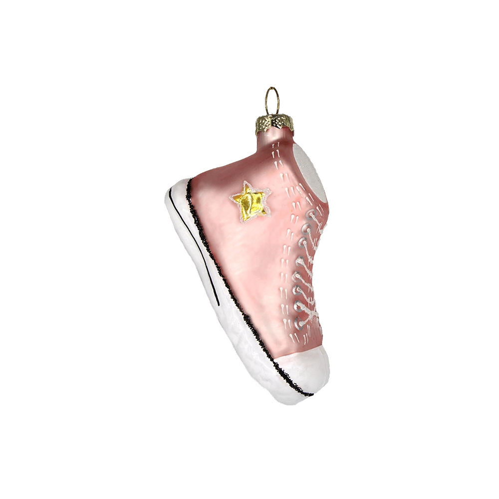 Chive glass sneaker ornament in pink, angled view of the laced high-top design.