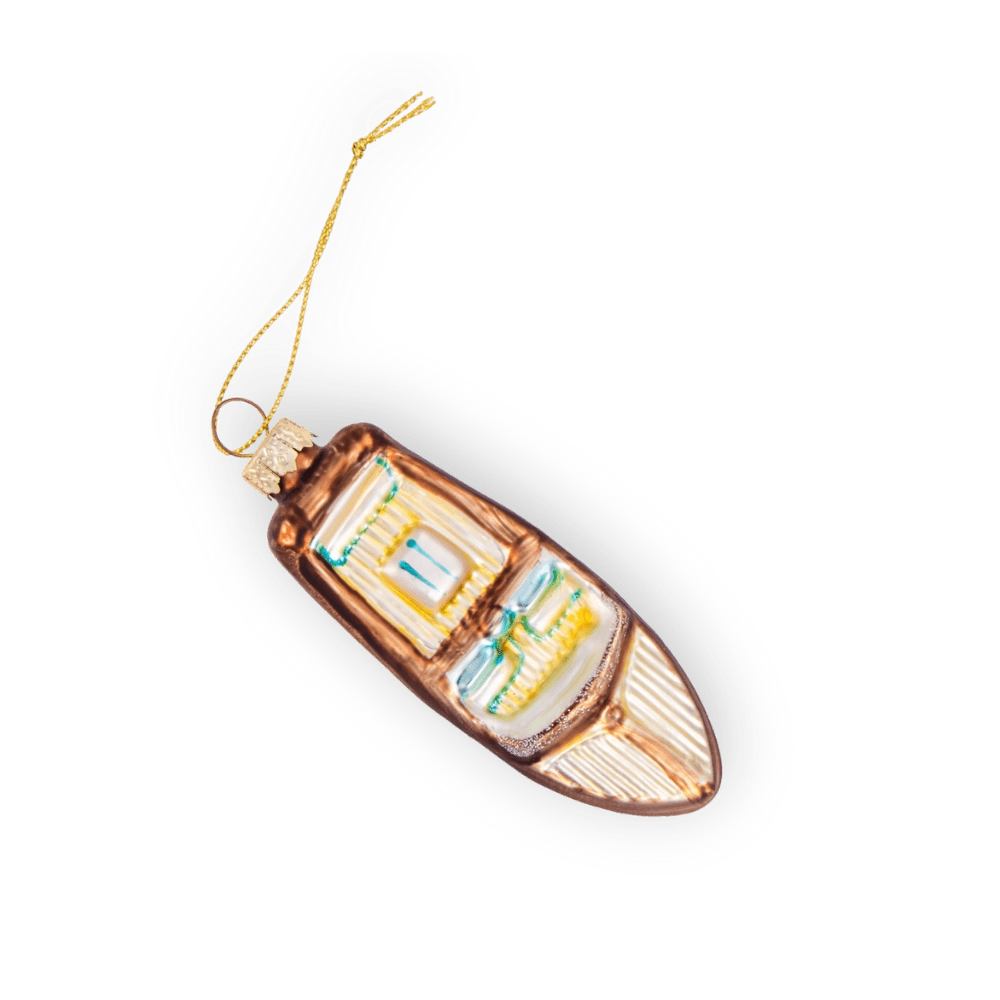 Chive glass speedboat ornament in brown with a paneled deck design.