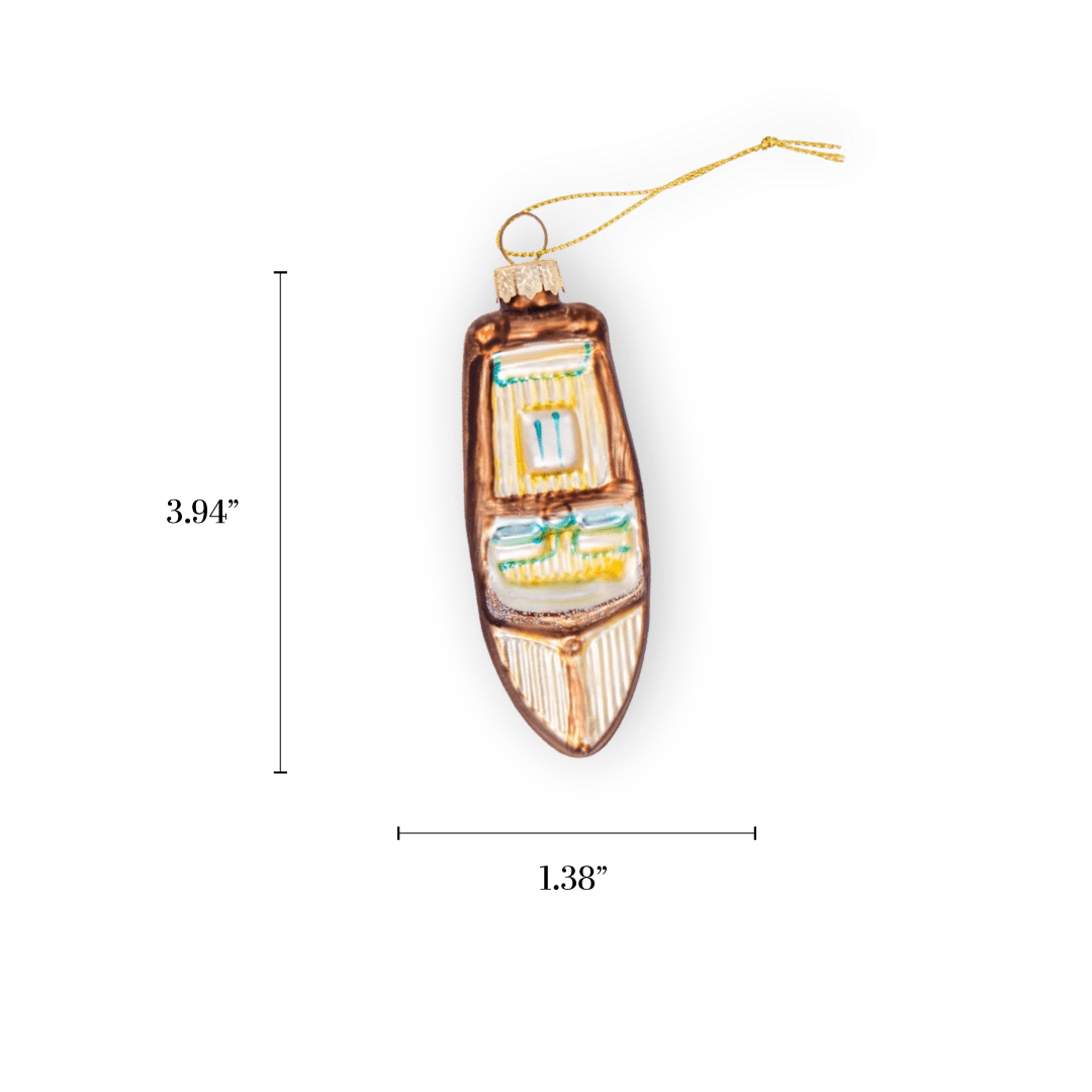 Chive glass speedboat ornament in wood tone with a striped windshield panel.