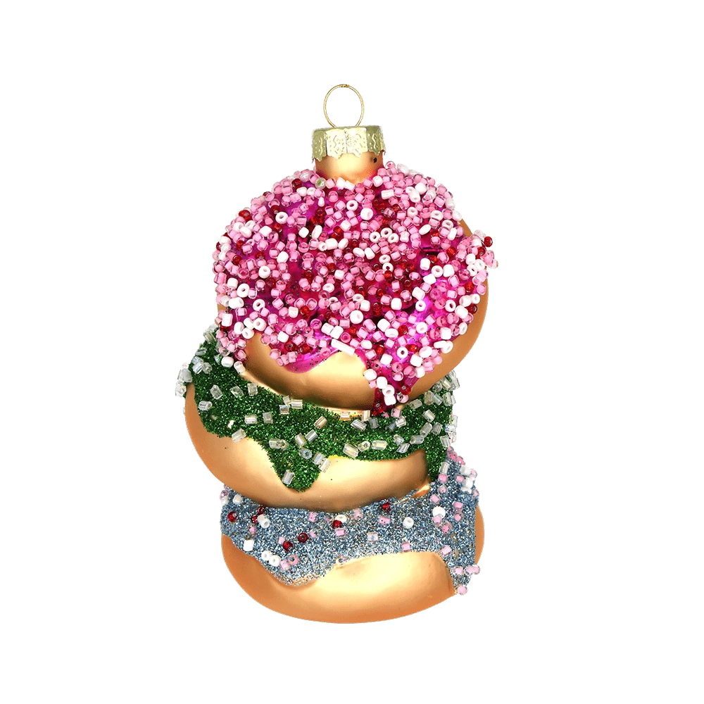 Chive glass stacked donuts ornament with pink, green, and blue beaded glaze detail.