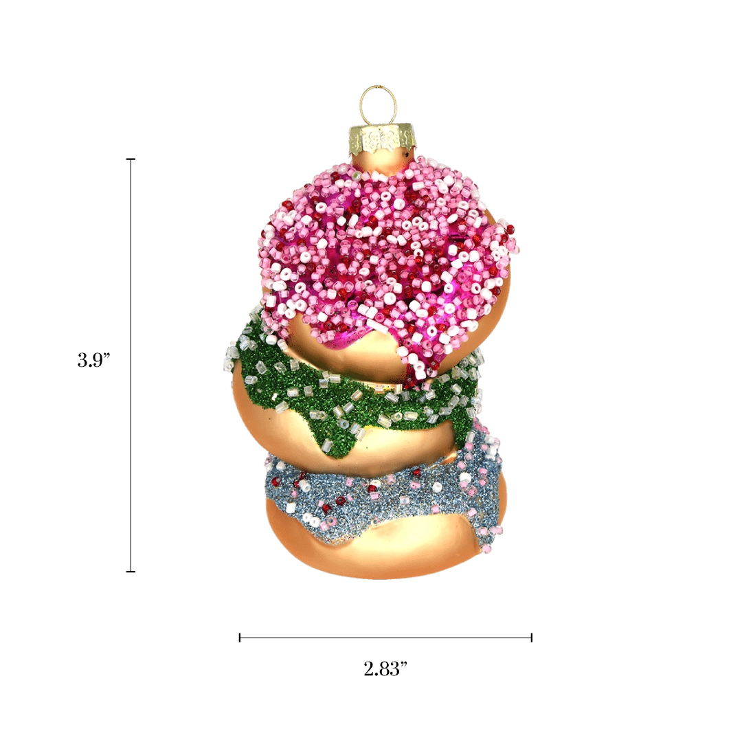 Chive glass stacked donuts ornament with a dimension diagram showing its tall stack size.