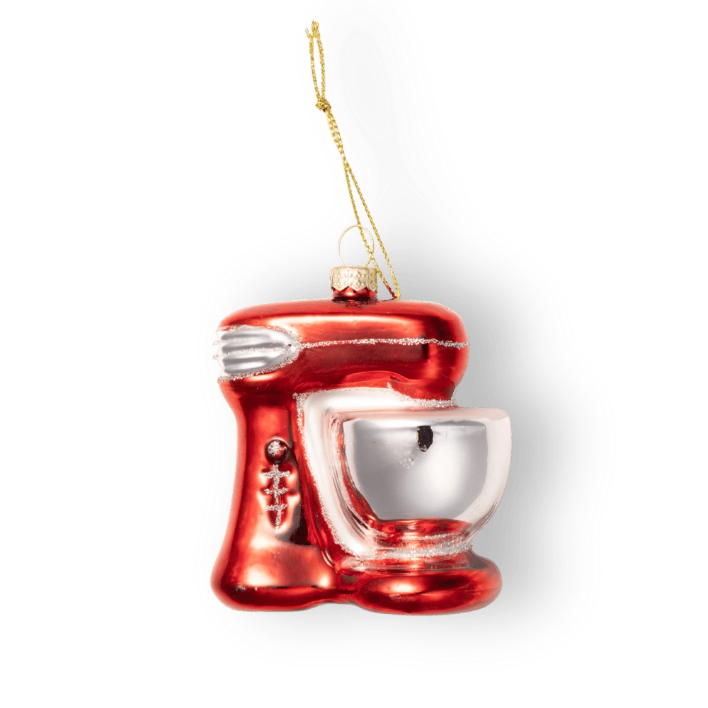 Chive glass stand mixer ornament in red with silver glitter trim accents.