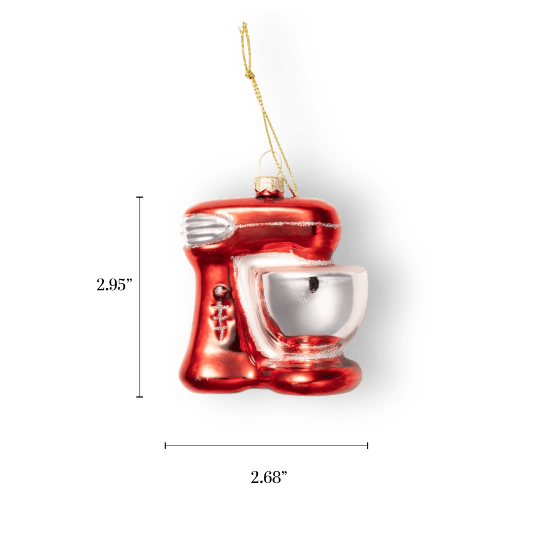 Chive glass stand mixer ornament in red with a silver mixing bowl.