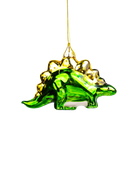 Chive glass stegosaurus ornament in green with gold glittered plates.