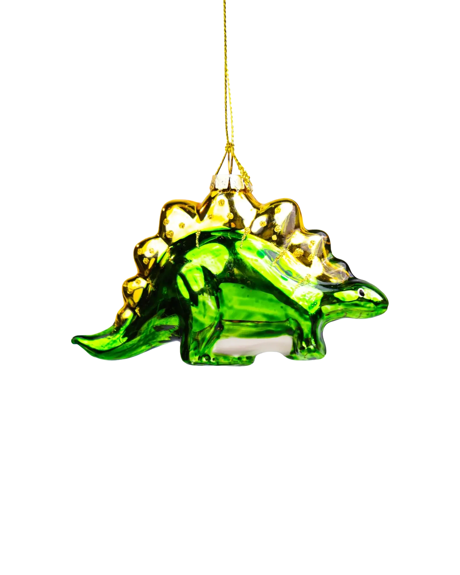 Chive glass stegosaurus ornament in green with gold glittered plates.
