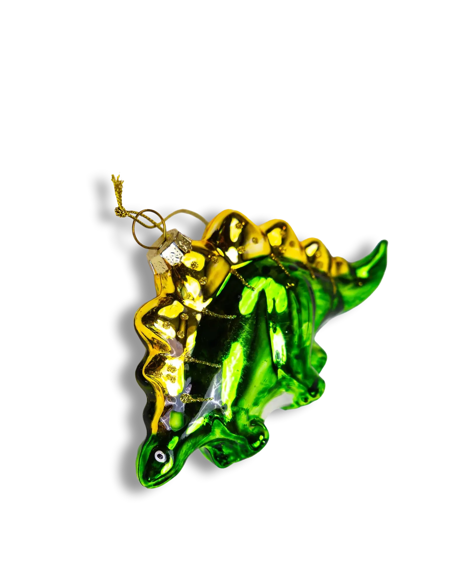 Chive glass stegosaurus ornament showing its curved tail and spiked back.