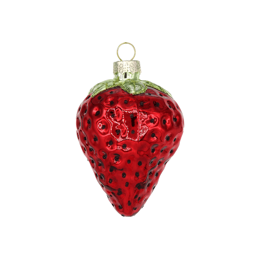 Chive glass strawberry ornament in red with a textured seed pattern and green cap.