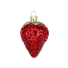 Chive glass strawberry ornament in red with a textured seed pattern and green cap.