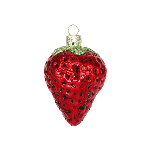 Chive glass strawberry ornament in red with a textured seed pattern and green cap.