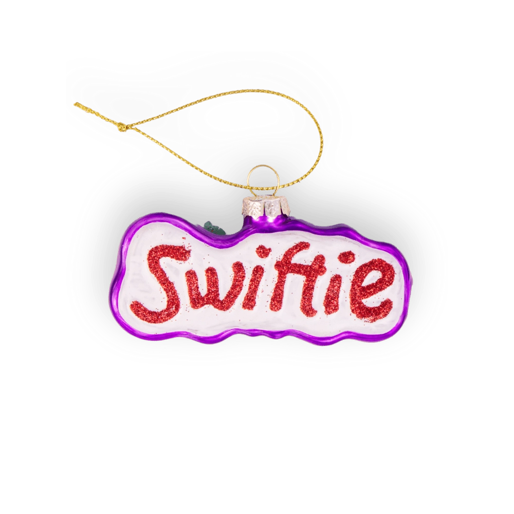 Chive glass "Swiftie" ornament with red glitter script and purple trim.