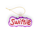 Chive glass "Swiftie" ornament with red glitter script and purple trim.