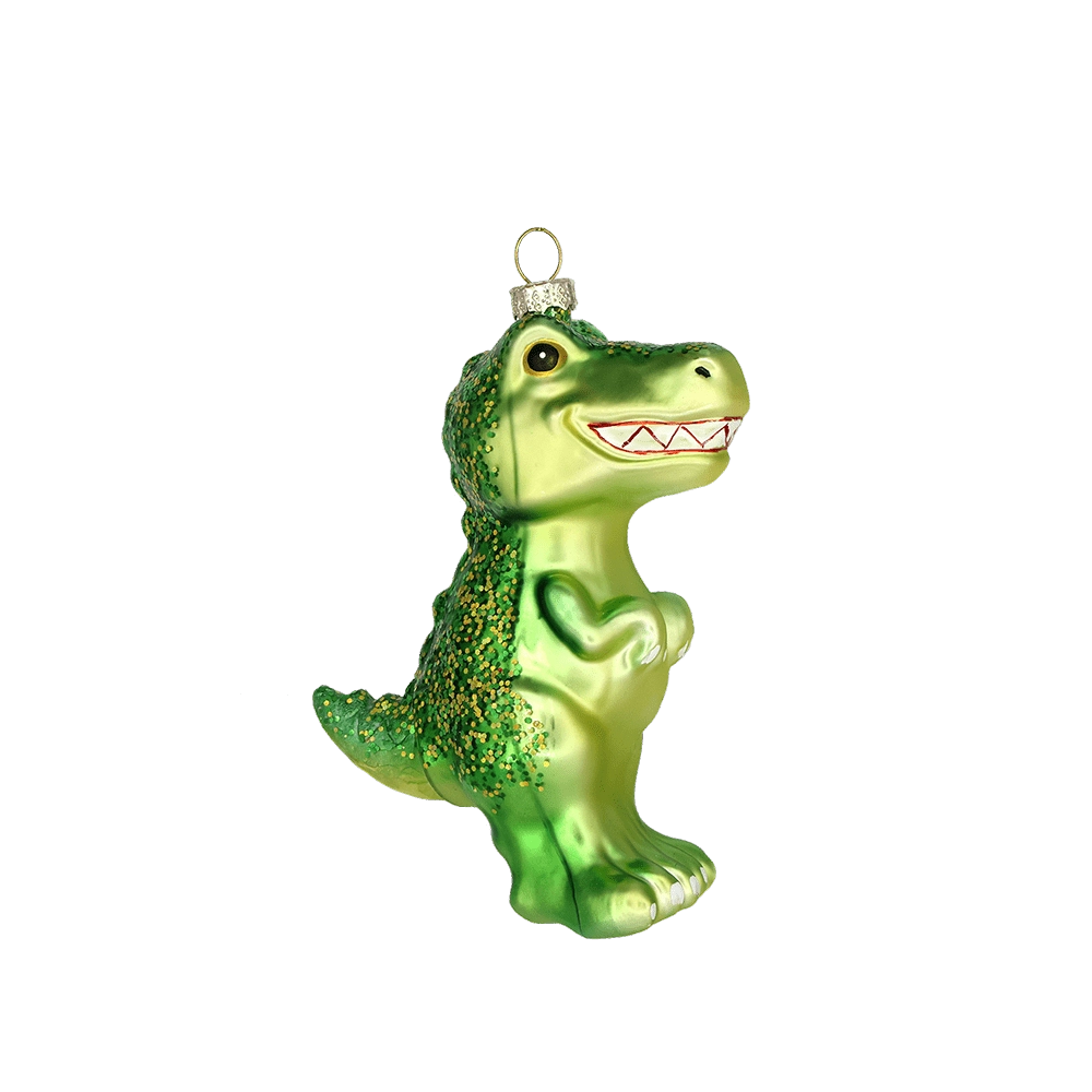Chive glass T-Rex ornament in green with glittered scales and a toothy grin.