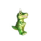 Chive glass T-Rex ornament in green with glittered scales and a toothy grin.