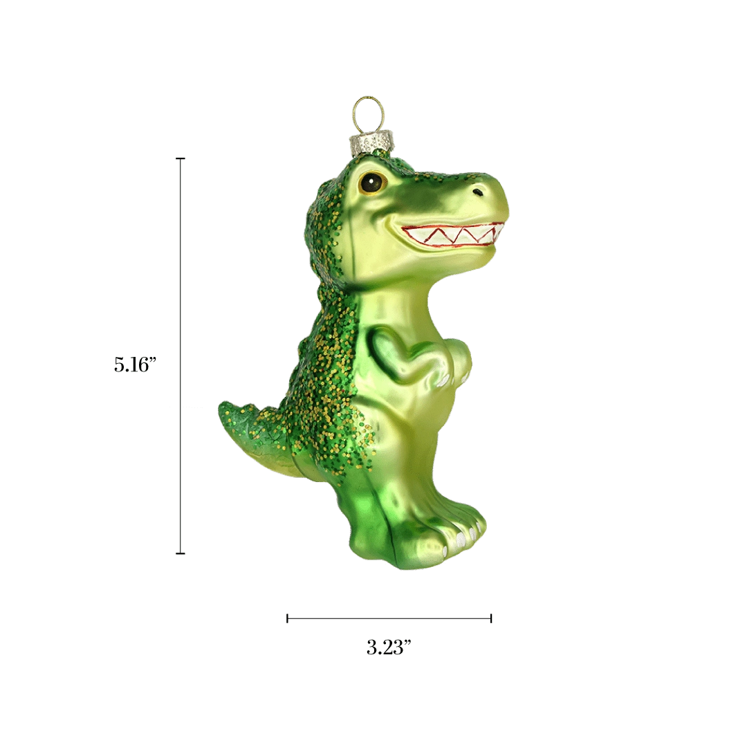 Chive glass T-Rex ornament with a dimension diagram showing its standing pose.