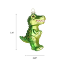 Chive glass T-Rex ornament with a dimension diagram showing its standing pose.