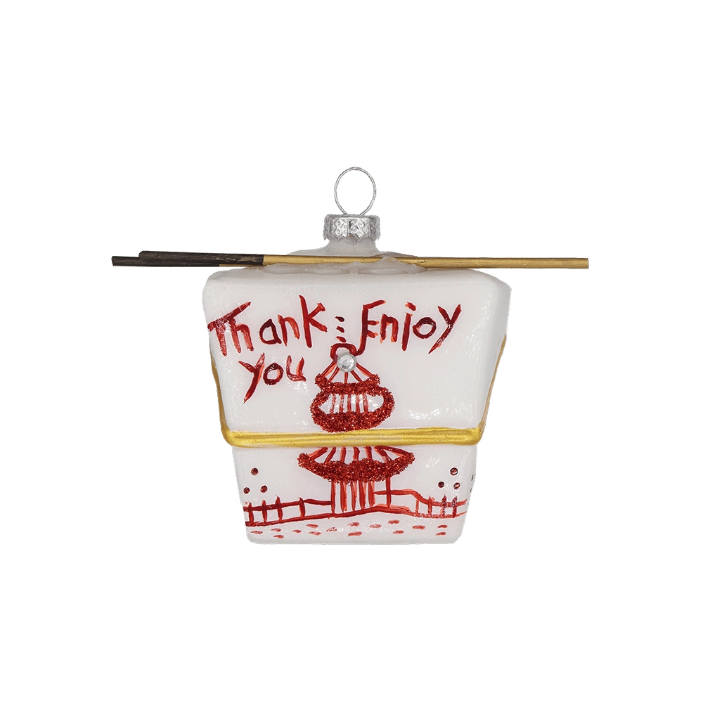 Chive glass Chinese takeout box ornament with "Thank You" text and chopsticks on top.